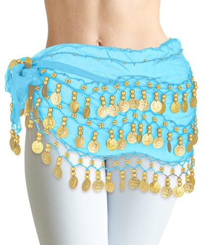 Ouligay Damen Röcke Blau Bauchtanz Gürtel Kostüm Damen Bauchtanz Kostüm Hüfttuch mit Münzen, Belly Dance Belt, Pailletten Rock Chiffon Hüfttücher für Bühnen Show, Party, Feier