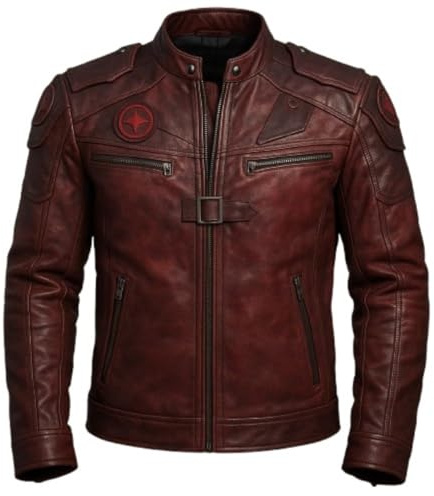 Fashion Hyped Cafe Racer Giacca in pelle da uomo, giacca da moto vintage, Bordeaux, XL
