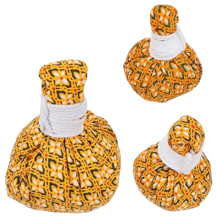 Gatuida 3pcs Yellow Thai Herbal Massage Balls with Non-Woven Fabric Pouch for Face and Waist Use, Convenient Storage, Deep Muscle Relaxation and Body Chill Removal