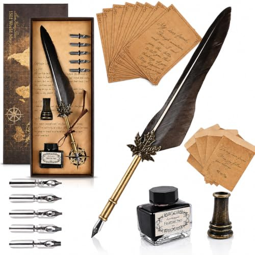 GOLDGE Quill Feather Pen Set with Ink, 5 Replacement Nibs, Pen Holder | 8 Vintage Writing Papers & 4 Envelopes, Antique Dip Calligraphy Pen Set for Letter Writing, Signature, Gift