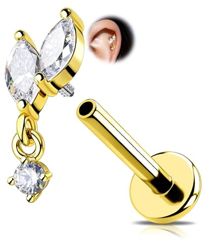 OUFER 16G Vine Tragus Piercing Internal Thread Dangle Gold Helix Stud Stainless Steel 316L Cartilage Ring Clear CZ Conch Lobe Earring 8 mm Flat Back Earring for Women