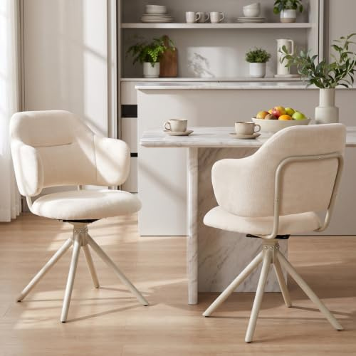 Ya-Home Chaises de Salle à Manger Pivotante Lot de 2, Beige | Chaises de Cuisine en Chenille, Chaises Moderne avec Pieds en Metal, pour Salle à Manger/Restaurant/Cuisine/Salon