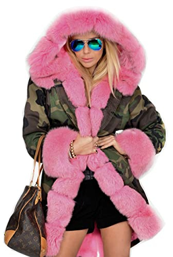 Roiii Women Thicken Warm Winter Coat Hood Down Parka Fleece Fur Outdoor Overcoat Long Jacket Outwear