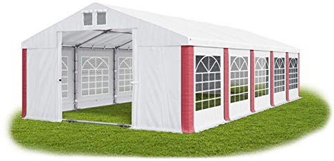 Das Company Partyzelt 5x10m wasserdicht weiß-rot mit Bodenrahmen und Dachverstärkung 560g/m² PVC Plane Robust Festzelt Gartenzelt Summer Plus SD