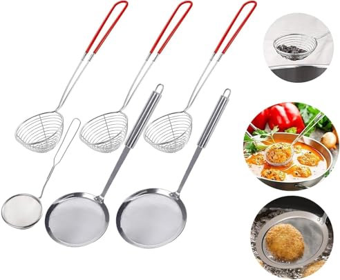 6 Pezzi Schiumarola in Acciaio Inox,scolapasta con manico,Setaccio Maglia Fine,Cucchiaio e schiumarola,Schiumarola a ragno,adatta per cucinare in cucina,grigliare,cuocere a vapore e scolare(14 cm)