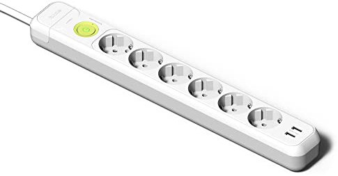 FAMATEL – Multiprise 6 Prises + 2 Prises USB + Interrupteur | Câble de 1,5 m | avec TT | 16 A | 250 V | Blanc | Prise USB à Charge Rapide | Protection surtenue