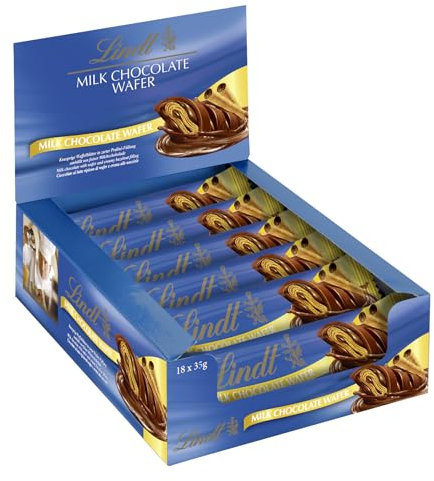 Lindt Schokolade Waffel-Vollmilch Riegel | 18 x 35g im Thekendisplay | Knusprige Waffelblätter in feiner | Großpackung | Schokoladengeschenk | Schokoriegel