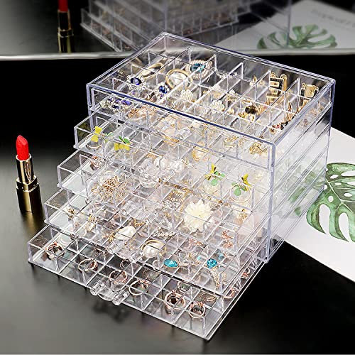 Jinavoty Scatola portaoggetti per orecchini, in acrilico, trasparente, con 3 cassetti, 72 piccoli scomparti, per donne e ragazze (5 cassetti)