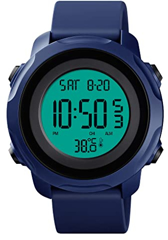 FeiWen Unisex Termómetro Digitales Deportivo Relojes de Pulsera Impermeable Outdoor Sport LED Electrónica Doble Tiempo Multifuncional Plástico Reloj con Goma Correa (Azul y Blanco)