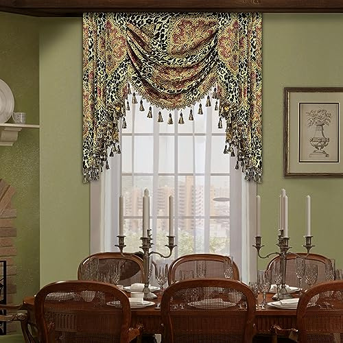 TOPLUXE Swag Valance for Windows, Classic Waterfall Valance with Tassels, Short Curtain for Bedroom Living Room Kitchen (100cm, Leopard Print)