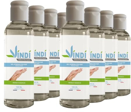Vindi Désinfectant gel hydroalcoolique - lot de 8 flacons de 100ml - Fabrication Française - 76% d'alcool - Virucide…
