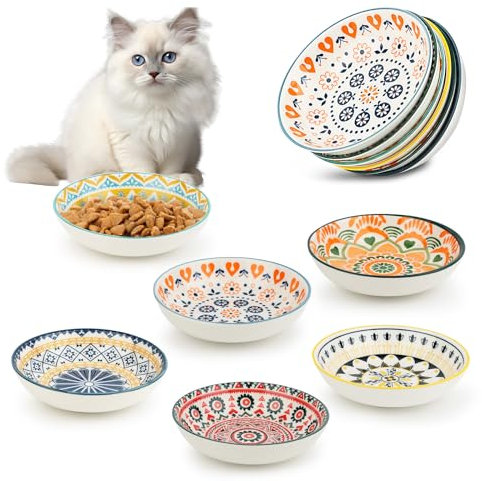 Katzennapf 6er Set, Futternapf Katze Keramik, Katzen Napf Bunte, Katzennäpfe Flacher, Katzenfutter Napfset, Katzen Näpfe für Futter und Wasser, Katzenteller Katzenschüssel, Kätzchen-Futternapf