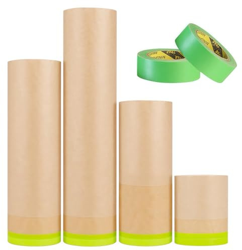 Wonninek 4Rolls Pre-Taped Masking Paper, Thicken Tape and Drape No-leak Kraft Masking Paper Roll for Car Home Painting Paint Adhesive Protective Paper