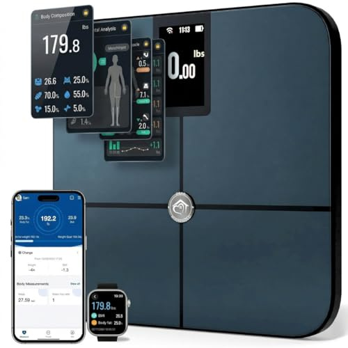 Premium Smart Digital Bilancia del peso corporeo - 4 elettrodi - 25+Metrics - Ricaricabile - WiFi & Bluetooth - Analisi completa del corpo - Traccia grasso corporeo, massa muscolare, percentuale di