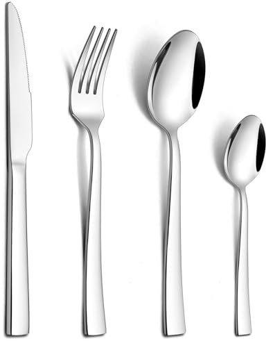 Onader Cutlery Set, 24 Piece Stainless Steel Cutlery Flatware Set for 6 People, Elegant Tableware Silverware Set with Knives Forks Spoons, Square Edge & Mirror Finished, Dishwasher Safe