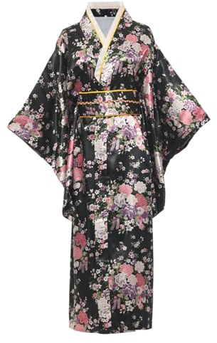 BPURB Bata kimono tradicional japonesa para mujer, vestido de geisha yukata, bata de baño de satén con flores