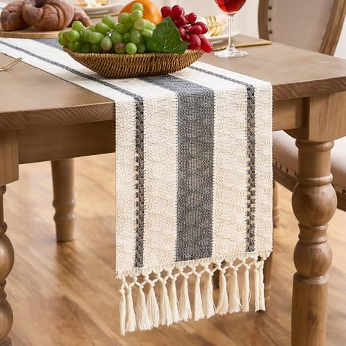 Aisybaklyn Boho Camino de Mesa Gris 30x183 cm Moderno Bohemias Tapete Algodón y Lino con Borlas Tejido Calado para Rustico Boda Fiesta Hogar de Comedor Decoración Cocinas Table Postres
