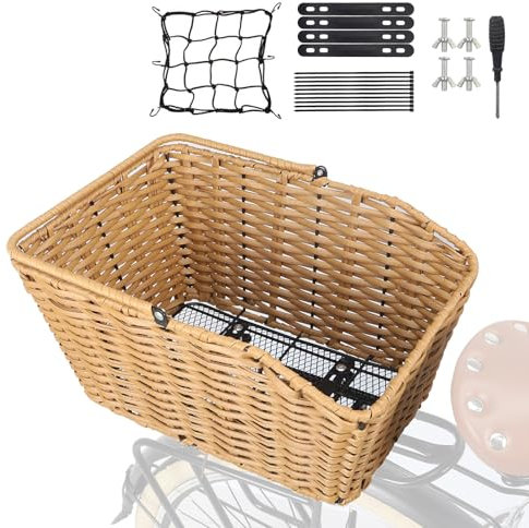 KKA - Cesta trasera para bicicleta tejida con red de carga, cesta trasera de gran capacidad con herramientas de instalación, se adapta a la mayoría de portabicicletas traseros
