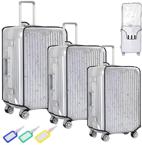 LAGAHS 3 Stück Transparente Kofferschutzhülle, 20+22+24 Zoll PVC Kofferhülle mit 3 Stück Gepäckanhängern, Wasserdicht Staubdicht Kratzschutz Koffer Schutzhülle für Reisen Geschäftsreise Gebrauch