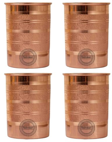 Fashnkart Pure Copper Glasses Drinking Water Ayurvedic Health Pure Tumblers Copper Cups 10.14 Oz 300 Ml (Silver Touch) Set 4