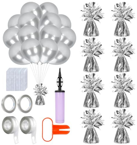 8PCS Heavy Balloon Weights, Helium Balloon Weights, With 50Pcs Balloons, 1 Air Pump, 1 Knot Tying Tool, 2 Rolls Ribbon, 2 Roll Arch Strip & 200 Glue Dots, Balloons Accessory for Celebrations, Silver