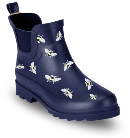 TOSH Ladies Chelsea Ankle Wellingtons Boots Short Pull On Waterproof Rubber Womens Riding Equestrian Wellies (Navy Bumble Bee, UK Footwear Size System, Adult, Women, Numeric, Medium, 6)