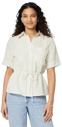 Amazon Essentials Women's Relaxed-Fit Linen Blend Wide-Sleeve Shirt with Adjustable Waist
