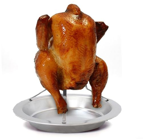 Snowchecking Bandeja de acero inoxidable resistente para asador de pollo, para parrilla de barbacoa u horno, lata de cerveza vertical para asar aves de corral y pavo pequeño