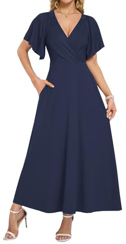 AUSELILY Maxi Dresses Women 2026 Summer Long Flowy Wrap Dress Ruffle Sleeve Deep V Neck Maternity Dress with Pockets Navy Blue XL