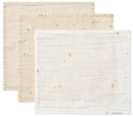 Little Dutch Newborn Naturals - Juego de 3 paños de muselina (25 x 25 cm, algodón), color beige y blanco