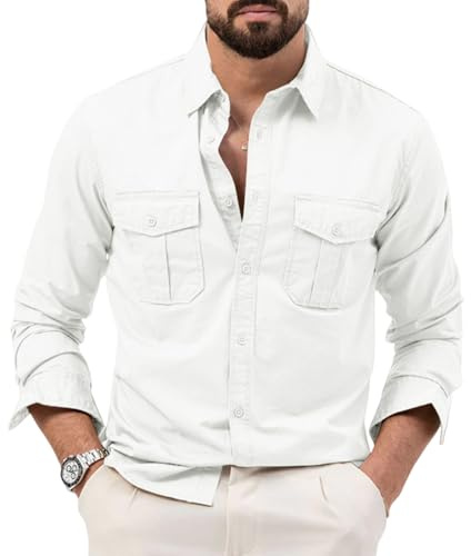Långärmade safari-skjortor för män, utomhus, lättviktig, button-down vandring, resetröjor med flera fickor, Vitt, XXL
