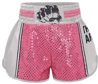 Raenseen Pantaloncini Muay Thai MMA Kickboxing pour Enfants Et Garçons Trunks Boxe Shorts Pantalons Courts Dentraînement Grappling Arts Martiaux Compétition Rose 7-8 Ans
