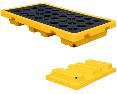 Piattaforma di contenimento delle fuoriuscite resistente con tasche di scarico e accesso al carrello elevatore vassoio modulare impilabile per stoccaggio sicuro del tamburo soluzione industriale