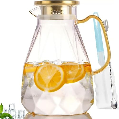 DIAPOUR Caraffa in Vetro con Motivo a Diamante, Caraffa Acqua in Vetro con Coperchio, Brocca Acqua in Vetro 2,2 Litri, Caraffa Vetro con Tappo, Brocca per Acqua in Vetro Borosilicato