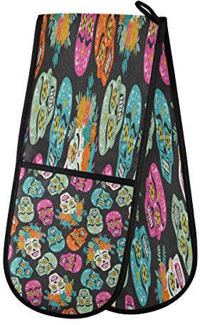 AUUXVA BIGJOKE Gant double matelassé en coton Motif crânes de sucre Mexicain Imprimé chatons Chatons Gants de four Résistant à la chaleur pour griller, barbecue, poêles et poêles