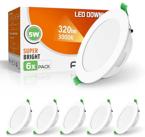 ALUSSO LED Downlight Ceiling 230V, 5W 320lm Ultra Slim Recessed Ceiling Lights, Warm White 3000K Non-Dimmable Spot Lights, Cutout Ø75-85mm, IP44 Waterproof for Kitchen Bathroom Hallway Soffit, 6 Pack