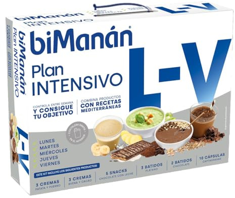 BiManán - Plan Intensivo de Lunes a Viernes, Sustitutivos para el Control del Peso, Incluye Batidos, Cremas, Barritas, Cápsulas Captagrasas y una Coctelera, con Vitaminas y Minerales