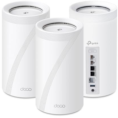 TP-Link 𝐃𝐞𝐜𝐨 BE85 Tri-Band WiFi 7 BE22000 Whole Home Mesh System - 12-Stream 22 Gbps, 2x 10G + 2x 2.5G Ports Wired Backhaul, 8x High-Gain Antennas, VPN, AI-Roaming, 4x4 MU-MIMO, HomeShield(3-Pack)