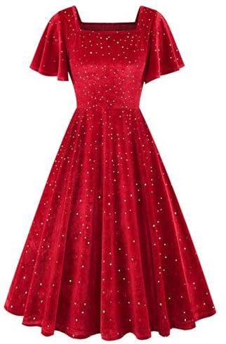 Women Vintage Square Neck Velvet Stretchy Long Dress 80s Fancy Dress Pleated Swing Party Dresses Short Sleeve Sequin Dress Ladies Elegant Wedding Guest Gown Red