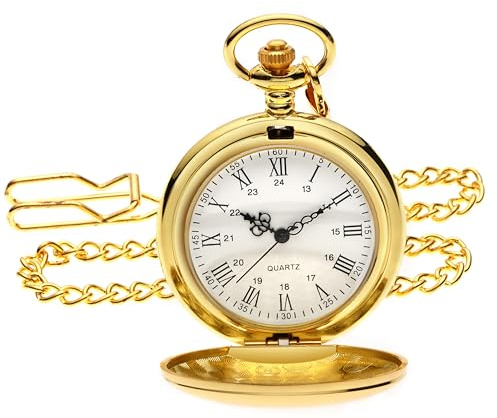 Smooth Vintage Pocket Watch with Chain, Classic Alloy Pocket Watches for Men Women, 1920s Style Quartz Pocketwatch, 1.78 Diameter (Gold)