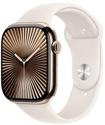 Apple Watch Series 10 (GPS + Cellular 46 mm) Smartwatch mit Titangehäuse in Gold und Sportarmband in Polarstern (S/M). Fitnesstracker, EKG App, Always-On Retina Display, Wasserschutz