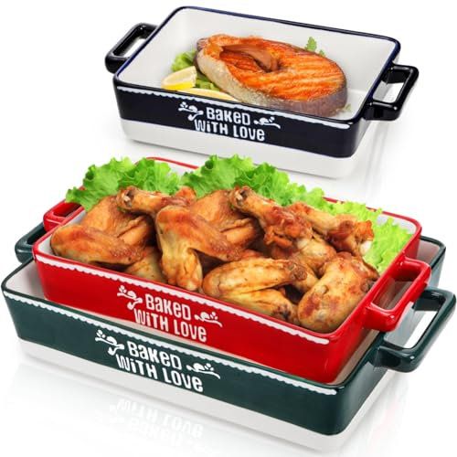 Tlence Set di 3 teglie da forno rettangolari in ceramica, 30 x 20 x 2,8 cm, teglie profonde per lasagne con manici per forno, piatti da portata per cucinare torte, cene, banchetti e uso quotidiano