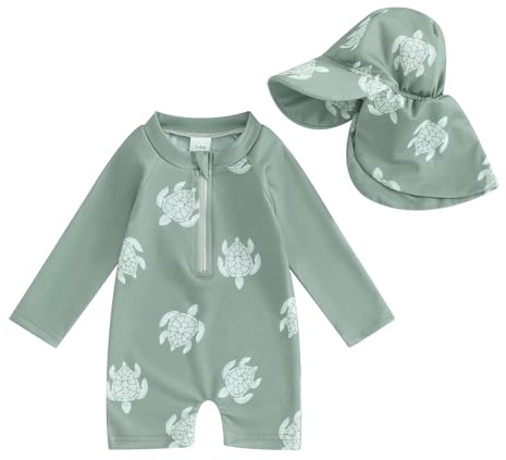 Springcmy Badeanzug für Kleinkinder, Baby, Jungen, Einteiler, langärmelig, Rashguard, Reißverschluss, Badebekleidung mit Hut, Strandmode, Neoprenanzug, 62