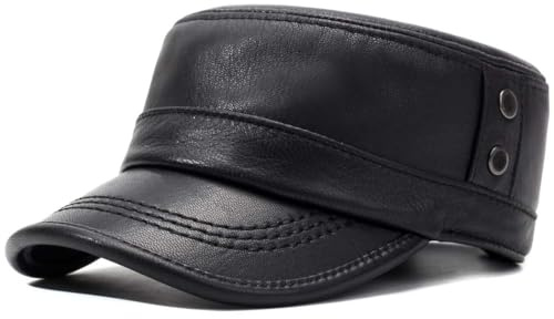 Men's Genuine Leather Cadet Army Caps Military Style Hat Flat Top Cap