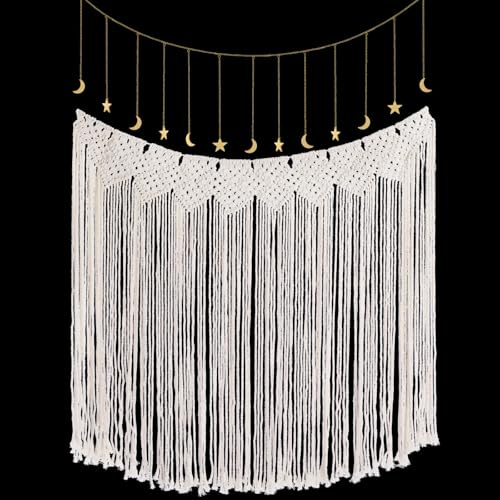 SmoothNovelty Macrame Wall Hanging Large Boho Wall Decor Aesthetic Dorm Room Decor Set Macrame Woven Tapestry Boho Tassel Art Home Decoration Moon Star Garland for Bedroom Dormitory Gift