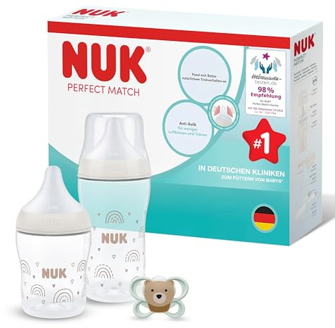 NUK Perfect Match Set Biberons & Tétine pour Nouveau-Nés | 0-3 Mois | 2 Biberons Anti-Colique (150 ml, 260 ml), 1 Sucette Perfect Match Air | Arc-en-ciel | Lot de 3