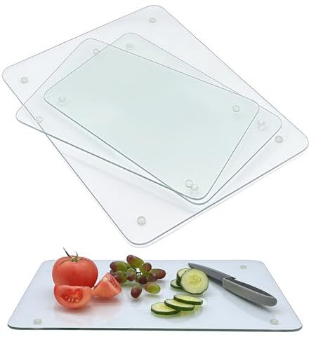 Set of 4 Tempered Glass Cutting Boards for Kitchen, Clear Chopping Board with Non-slip Rubber Feet for Countertop, Rectangle Chopping Block Long Lasting Shatter-Resistant Heat-Resistant, 2 Size