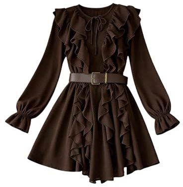 GORGLITTER Women's Lantern Long Sleeve Mini Dresses Ruffle Tie Crew Neck Chiffon Western Cowgirl Rodeo Dress Outfits Coffee Brown X-Large