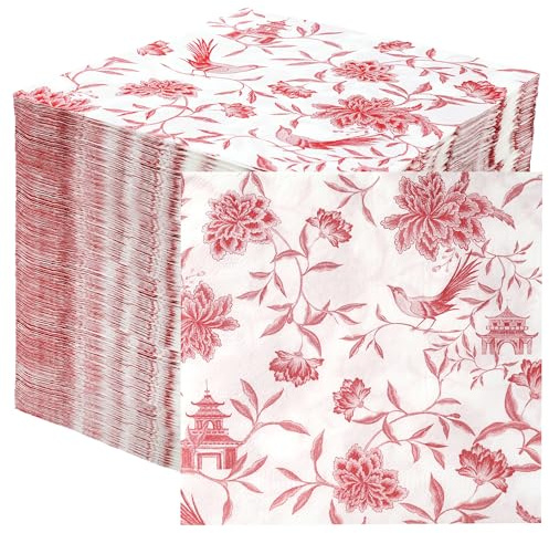 Table Fun 100 x Soft Pink Paper Napkins Chinoiserie Design | 2ply 33cm | Pink Disposable Party Serviettes for Birthdays, Elegant Wedding Napkins, Baby Showers, Bridal Showers & Tea Parties