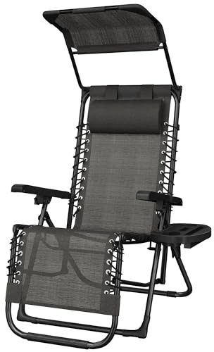 Abician Bain de Soleil Chaise Longue de Jardin avec Pare-Soleil & Appuie-tête & Support de Gobelet Amovible, Fauteuil de Jardin Chaise Longue Pliable & Inclinable，Pliable & résistant aux intempéries
